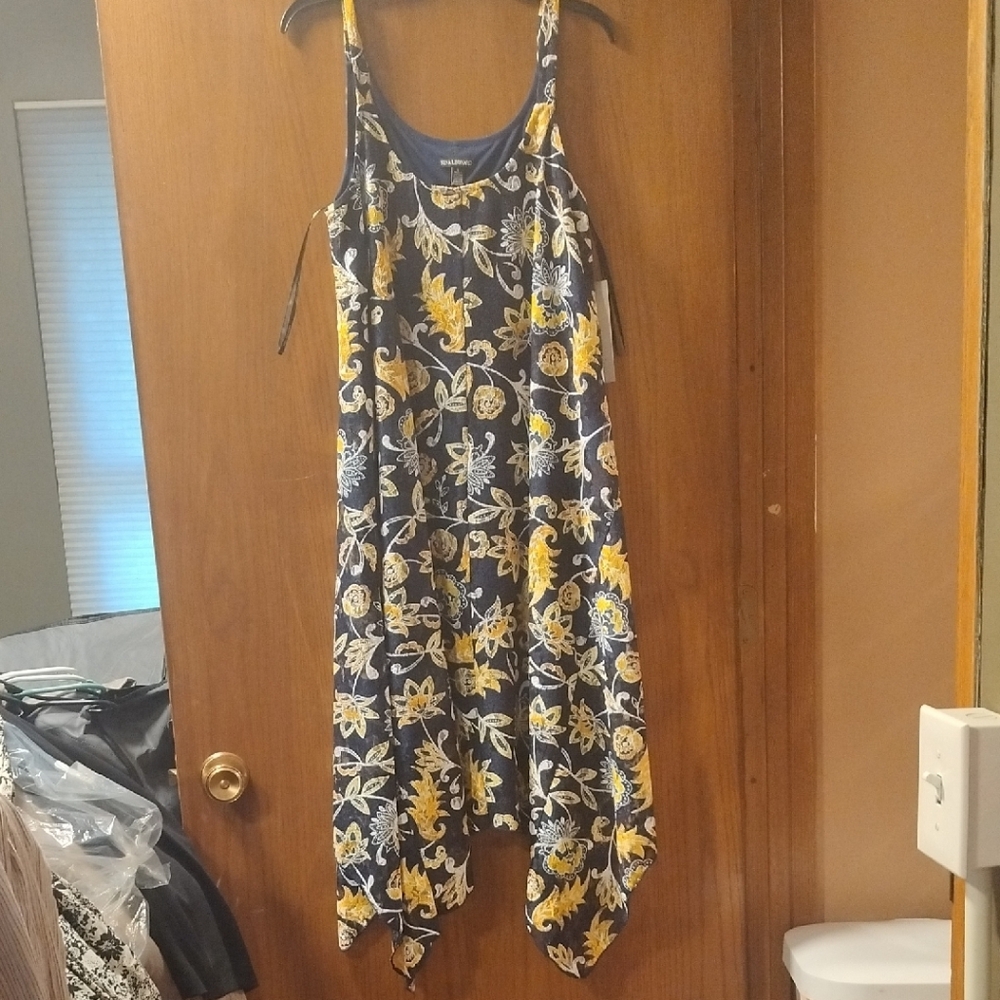 Nina Leonard Floral Dress in Navy and Mustard